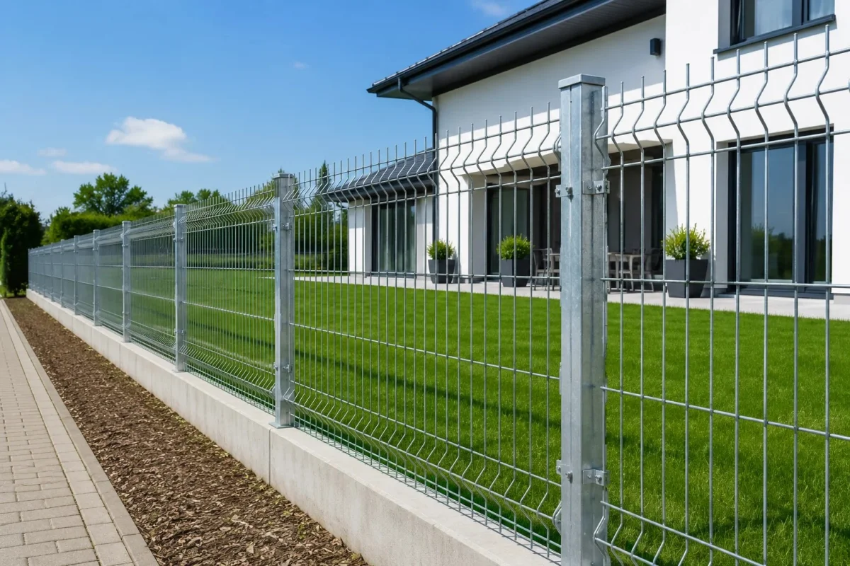 3D Plotový panel – Pozinkovaný panel na podhrabovej doske pri modernom dome