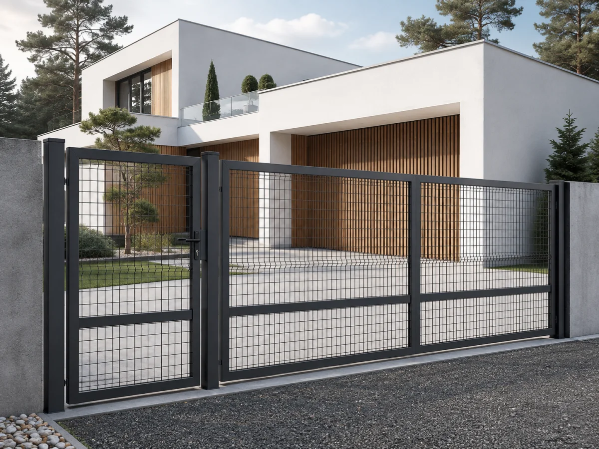 Moderná hliníková brána 6 – štvorcová sieťová výplň – foto 5