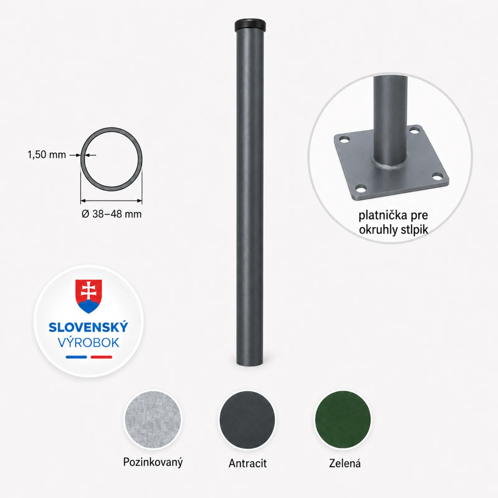 Plotový stĺpik okrúhly Ø 38–48 mm s platničkou
