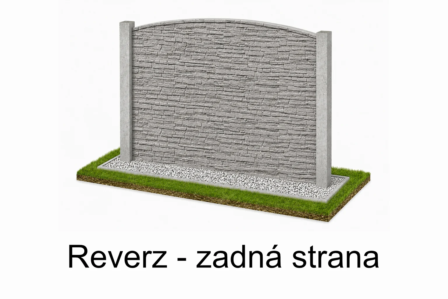 Betónový plot Vzor č. 31 – štiepaný kameň s oblúkom – Reverzná strana s oblúkom – ilustračná vizualizácia