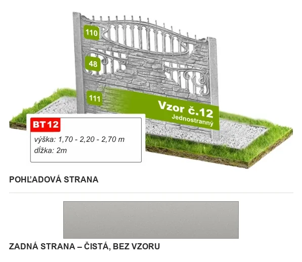 Betónový plot Vzor č. 12 – kameň s kovanou mrežou – Pohľadová a zadná strana