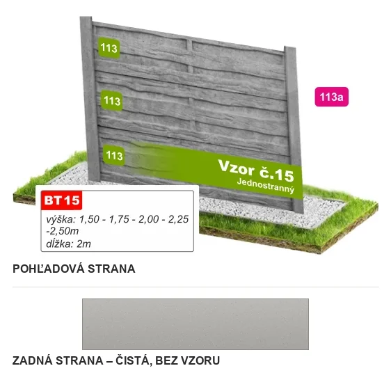 Betónový plot Vzor č. 15 – hrubo rezané drevo – Pohľadová a zadná strana