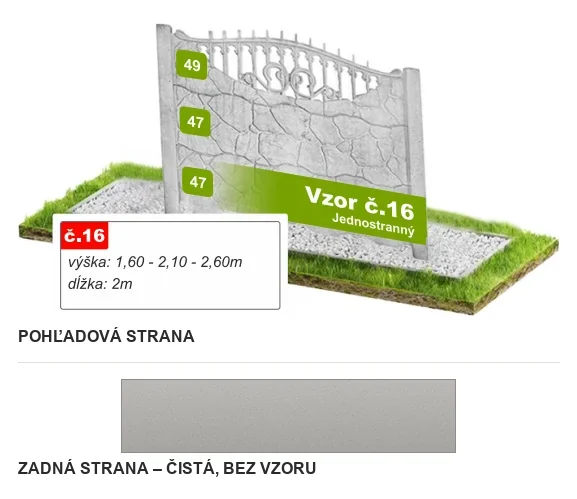 Betónový plot Vzor č. 16 – ozdobná oblúková koruna – Pohľadová a zadná strana