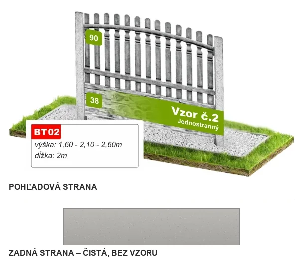 Betónový plot Vzor č. 2 – zvislé latky s oblúkom – Pohľadová a zadná strana