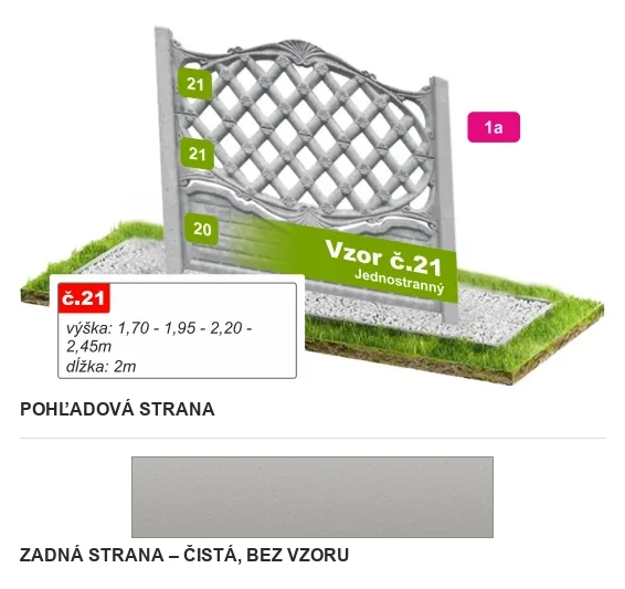 Betónový plot Vzor č. 21 – ozdobná kosoštvorcová mreža – Pohľadová a zadná strana