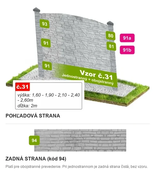 Betónový plot Vzor č. 31 – štiepaný kameň s oblúkom – Pohľadová a zadná strana