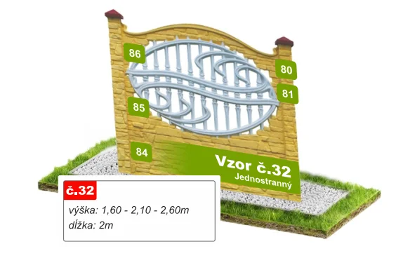 Betónový plot Vzor č. 32 – kovaný ornament v kamennom ráme