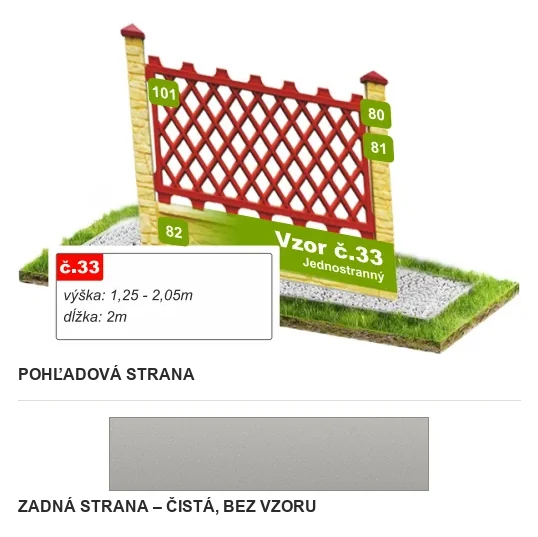 Betónový plot Vzor č. 33 – červená diagonálna mreža – Pohľadová a zadná strana
