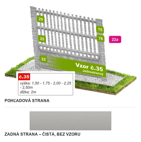 Betónový plot Vzor č. 35 – zvislé latky v dvoch poliach – Pohľadová a zadná strana