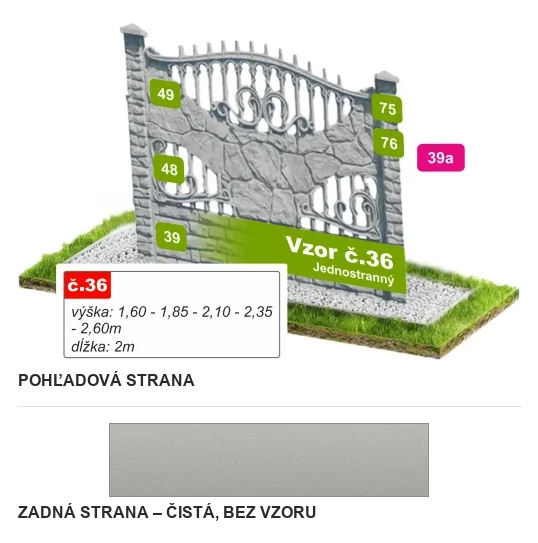 Betónový plot Vzor č. 36 – lámaný kameň s kovaným oblúkom – Pohľadová a zadná strana