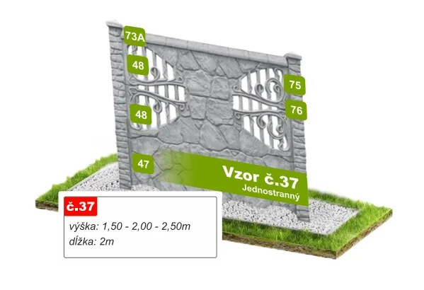 Betónový plot Vzor č. 37 – lámaný kameň s kovanými výplňami