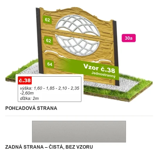 Betónový plot Vzor č. 38 – drevené dosky s medailónom – Pohľadová a zadná strana