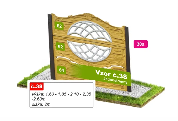 Betónový plot Vzor č. 38 – drevené dosky s medailónom