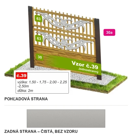 Betónový plot Vzor č. 39 – drevené latky s ornamentom – Pohľadová a zadná strana