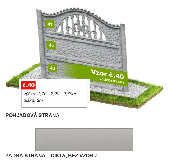 Betónový plot Vzor č. 40 – riečny okruhliak s kovaným oblúkom – Pohľadová a zadná strana