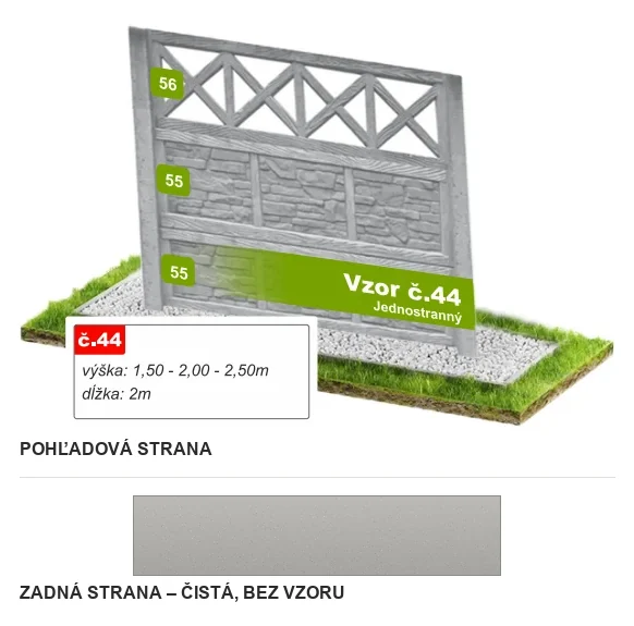Betónový plot Vzor č. 44 – lámaný kameň s krížovou mrežou – Pohľadová a zadná strana