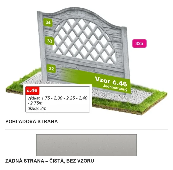 Betónový plot Vzor č. 46 – kosoštvorcová mreža s oblúkom – Pohľadová a zadná strana
