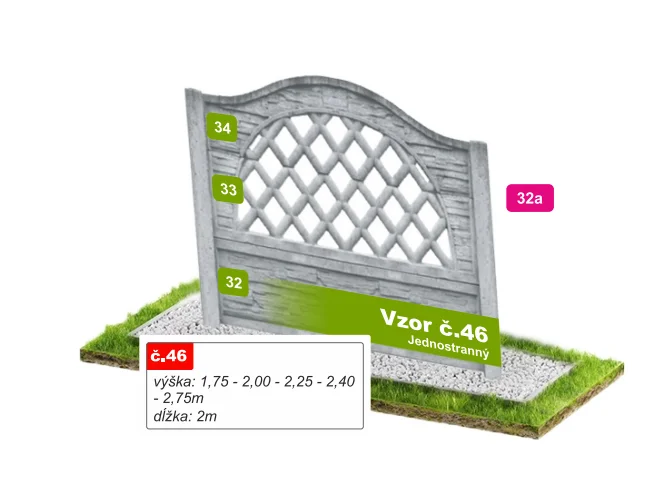 Betónový plot Vzor č. 46 – kosoštvorcová mreža s oblúkom