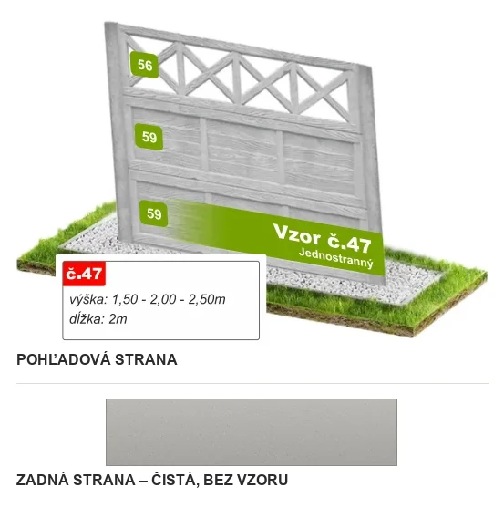 Betónový plot Vzor č. 47 – drevené dosky s krížovou mrežou – Pohľadová a zadná strana