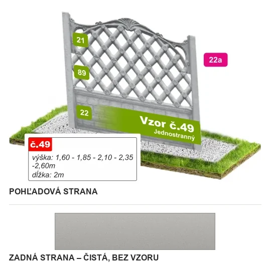 Betónový plot Vzor č. 49 – kosoštvorcová mreža s oblúkom – Pohľadová a zadná strana