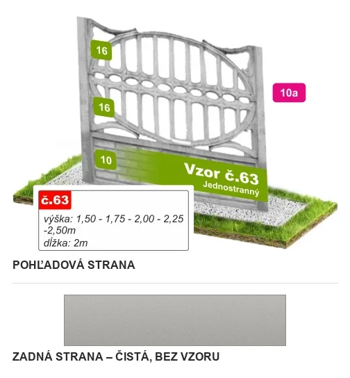 Betónový plot Vzor č. 63 – oválna prelamovaná ozdoba – Pohľadová a zadná strana