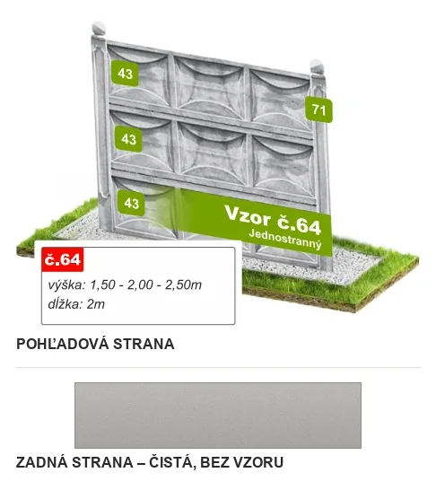 Betónový plot Vzor č. 64 – kazety so šošovkovým reliéfom – Pohľadová a zadná strana