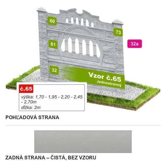 Betónový plot Vzor č. 65 – ozdobná arkáda s balustrádou – Pohľadová a zadná strana