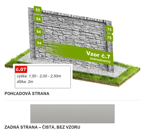 Betónový plot Vzor č. 7 – lámaný kameň s rámom – Pohľadová a zadná strana