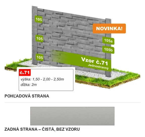 Betónový plot Vzor č. 71 – lámaná tehlová mozaika – Pohľadová a zadná strana