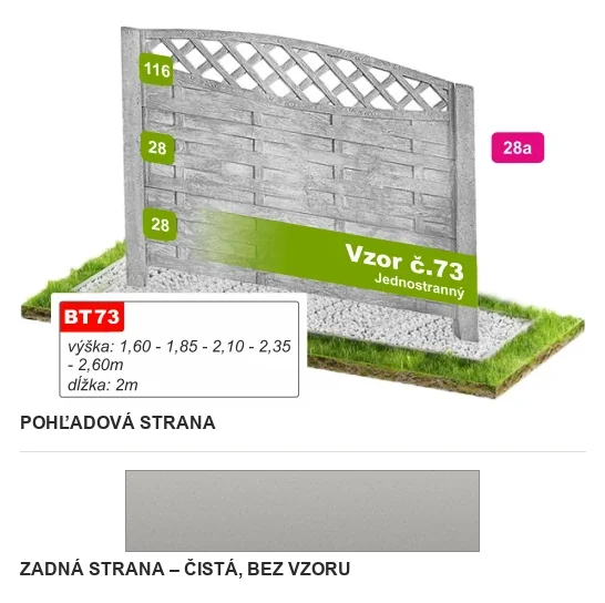 Betónový plot Vzor č. 73 – drevené dosky s mriežkou – Pohľadová a zadná strana