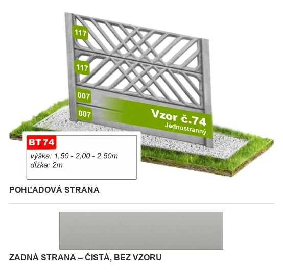 Betónový plot Vzor č. 74 – geometrická krížová mriežka – Pohľadová a zadná strana