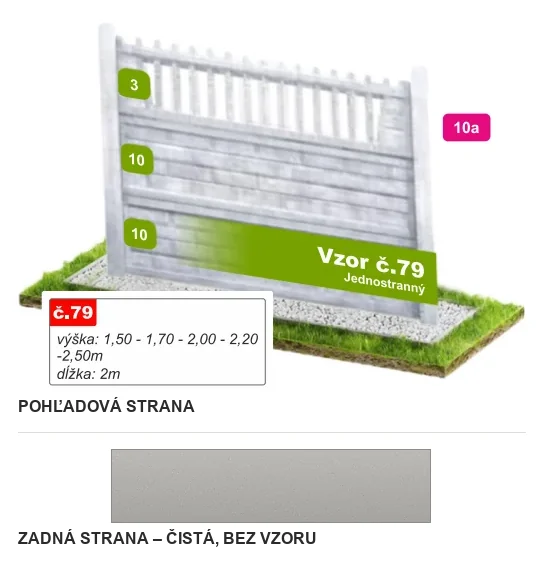 Betónový plot Vzor č. 79 – zvislé latky nad doskami – Pohľadová a zadná strana