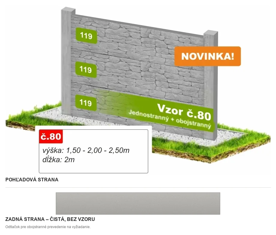 Betónový plot Vzor č. 80 – vrstvený lámaný kameň – Pohľadová a zadná strana